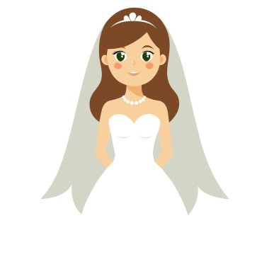 Resimde, beyaz bir gelinlik ve duvak giyen, elbise ve peçe gibi aksesuarlara önem veren bir karikatür gelini tasvir ediliyor.