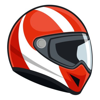 Beyaz arka planda vizörlü kırmızı ve beyaz bir motosiklet kaskı sergilenir.