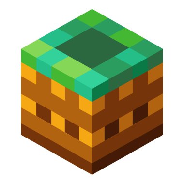 Merkezinde yeşil bir kare bulunan bir Minecraft bloğu yaratıcılığı, eğitimi, kalıpları, simetriyi ve elektrik mavisi rengini somutlaştırıyor.