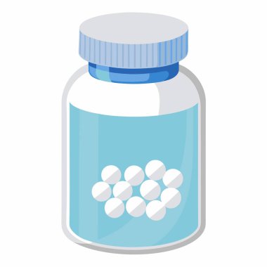 Mavi kapaklı plastik bir şişe. İçinde haplar var. Beyaz bir arka plana yerleştirilmiş.