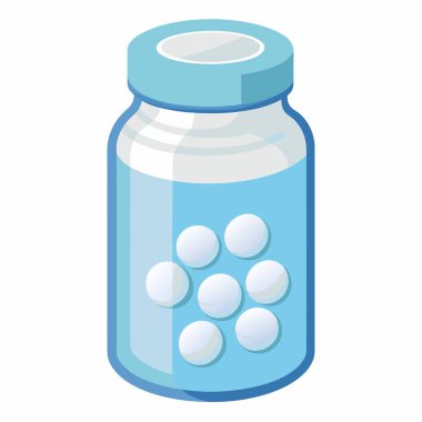 Beyaz arka planda içi hap dolu plastik bir şişe gösteriliyor. Görüntü bir daire şekli ve bir elektrik mavi renk şeması içerir.