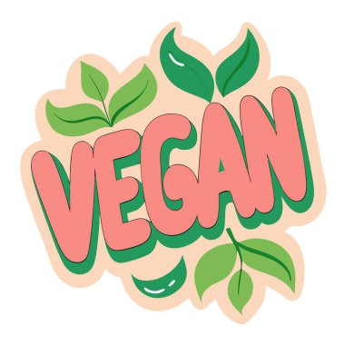 Vegan kelimesi, temiz beyaz arka planda yemyeşil yapraklarla çevrili doğal ve taze bir estetik yaratarak tasvir edilir.