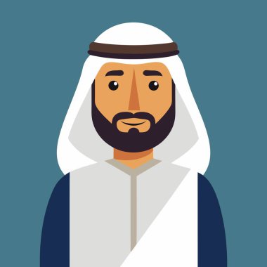 Geleneksel kıyafetleri temsil eden beyaz bir tobe ve başörtüsü takan Arap bir adamın tasviri.