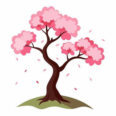 Çiçek açmış canlı bir kiraz ağacının tasviri. Yapraklar yavaşça yere düşüyor..