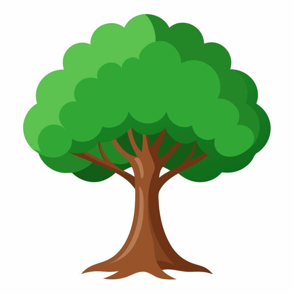 Это изображение яркого зеленого дерева с коричневым стволом и пышной листвы, установленной на обычном белом фоне