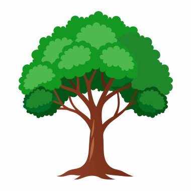 Canlı bir karikatür ağacı tasviri, yemyeşil yapraklar, doğayı, büyümeyi ve çevreyi temsil ediyor.