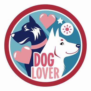 Renkli bir rozet. İçinde kalbi olan iki sevimli köpek ve köpek sever bir metin var. Köpek hayranları için mükemmel..