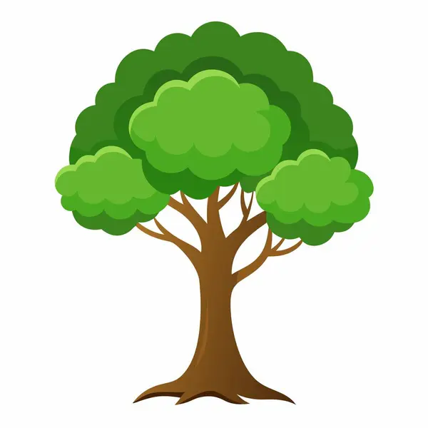 Yeşillik yaprağı ve güçlü kahverengi gövdesi olan yeşil bir ağacın vektör çizimi. Doğa temaları için ideal.