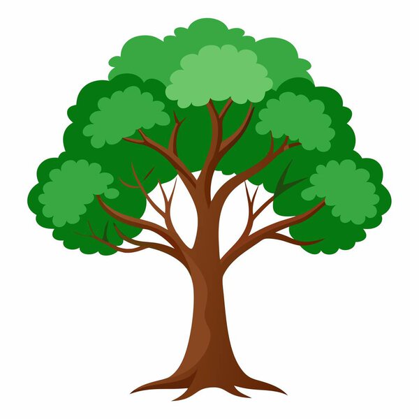 The image shows a large tree with lush green foliage and a strong trunk, set against a white background