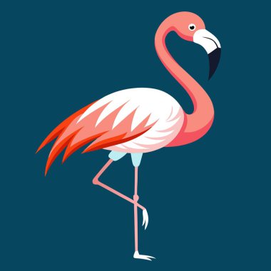 Bir bacağı yukarıda pembe bir flamingo mavi arkaplanda zarif bir şekilde duruyor.