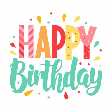 Mutlu yıllar ifadesi beyaz bir arkaplan karşısında canlı renklerde belirir, yazı tipi, el yazısı ve sanatsal tasarım gibi unsurlar sergilenir