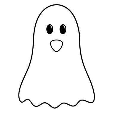 Siyah beyaz bir çizim, yüzü net bir şekilde tanımlanmış bir hayalet, saç, burun, gülümseme, göz ve kafa gibi elementleri gösteriyor.