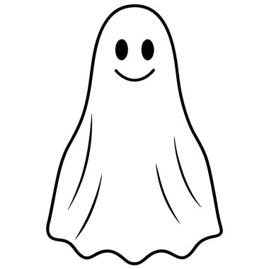 Çizimde siyah-beyaz yüzlü, gülümseyen bir hayalet var. Saç, burun, yüz, kafa, el, kol, göz, kaş, gülümseme ve bacak gibi ayrıntıları vurguluyor.