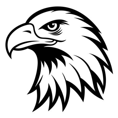 Beyaz arka planda bir kartalın başını gösteren detaylı bir siyah beyaz çizim.