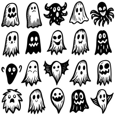 Saçlar, burun, gözler, kaşlar, gülümsemeler ve farklı saç şekilleri gibi çeşitli özellikler de dahil olmak üzere beyaz bir fon üzerinde çeşitli yüz ifadelerini gösteren el yapımı hayaletler koleksiyonu.