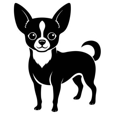 Beyaz bir arka planda duran siyah-beyaz bir chihuahua köpeği silueti, bıyıklı ve geyik renginde etobur bir iş hayvanı canlandırıyor, bir karasal bir köpek.