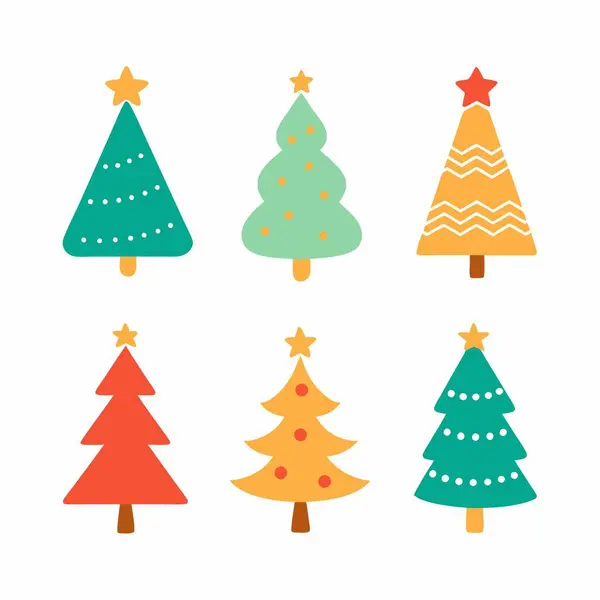Üzerinde çeşitli renkler ve yıldız süslemeleri olan dört Noel ağacı, bayram neşesini ve şenliği simgeliyor.