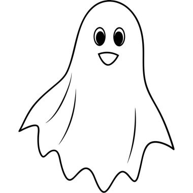 Gülümseyen yüzlü bir hayaletin siyah beyaz çizimi, burnu, kafası, eli, gözleri, jesti, parmakları ve mutlu bir yüz ifadesi gibi özellikleri sergiliyor.