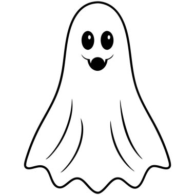 Gülümseyen bir hayaletin tek renkli bir çizimi. Burnu, kafası, eli, gözleri, jesti, parmakları ve mutlu bir ifadesi var.
