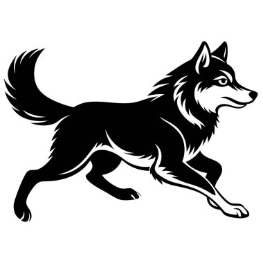 Silüet canlı ve canlı bir köpek gösteriyor, etkin doğasını gösteriyor. Görüntü, çalışan bir köpeğin siyah beyaz tasvirini yakalar, enerjisini ve ruhunu vurgular.