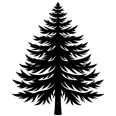 Görüntü, bir çam ağacının basit siyah beyaz siluetini, bitki, ağaç, sanat, Evergreen ve simetri gibi anahtar sözcüklerle beyaz bir zemin üzerinde gösteriyor.