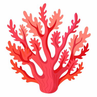 Kırmızı bir mercan, karasal bitkilerden ve Cnidarianlılar gibi omurgasızlardan esinlenen deniz yaşamını gösteren beyaz bir arka plana karşı çizgi film tarzında betimlenmiştir.