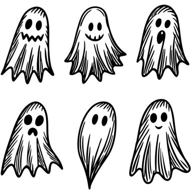 Beyaz bir arkaplanda farklı yüz ifadeleri içeren çeşitli el yapımı hayaletler.