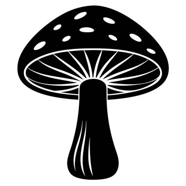 Bir mantarın siyah ve beyaz silueti düz beyaz bir arka planda resmedilir.