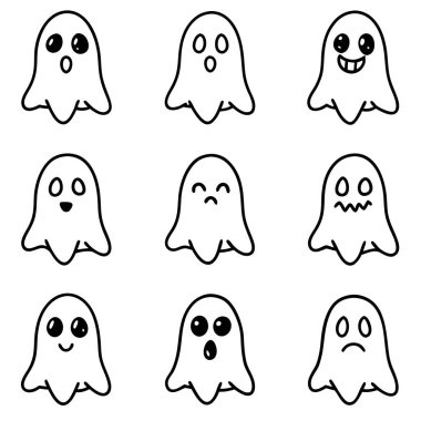 Çeşitli yüz ifadelerini gösteren birden fazla ürkütücü figür, beyaz bir arkaplan üzerine kurulmuş.