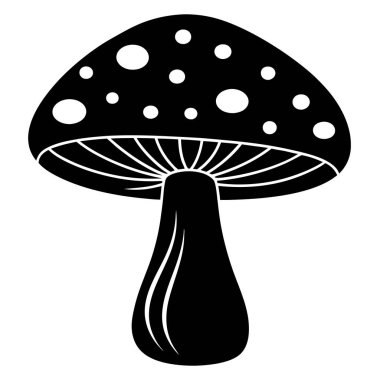 Beyaz noktalarla süslenmiş siyah ve beyaz bir mantar silueti resimde resmedilmiştir.