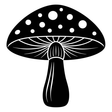 Üzerinde beyaz noktalar olan siyah beyaz bir mantar silueti, karmaşık desenleri ve simetrisi olan bir sanat eseri olarak sunuluyor.