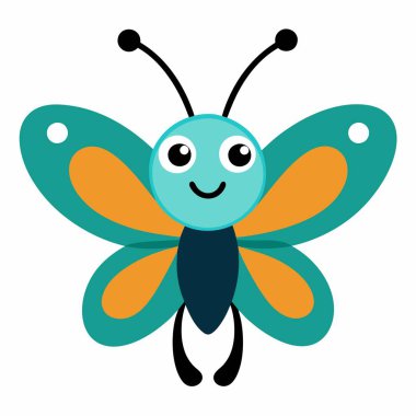 Canlı mavi ve turuncu kanatlı neşeli bir kelebek mutlu bir yüz ifadesi sergiliyor.