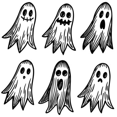 Bu resimde, siyah-beyaz renk şemasına sahip, benzersiz yüz ifadeleri olan altı hayalet resmedilmiş.