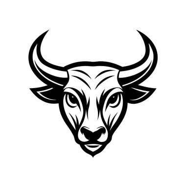 Belirgin boynuzları olan, bu karasal hayvanın sanatsal tasviri için mükemmel, siyah beyaz bir boğa kafası tasviri.