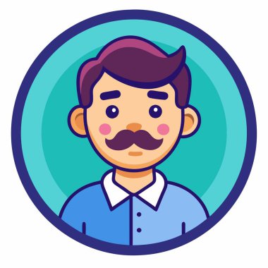 Mavi dairenin içinde çizilmiş bıyıklı bir adamın çizdiği karikatür çizimi. Çizim saç, kafa, sakal ve mutlu bir jest gibi unsurları yakalıyor.