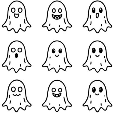 Düz beyaz arkaplanda farklı yüz hatları gösteren çeşitli hayaletler grubu.
