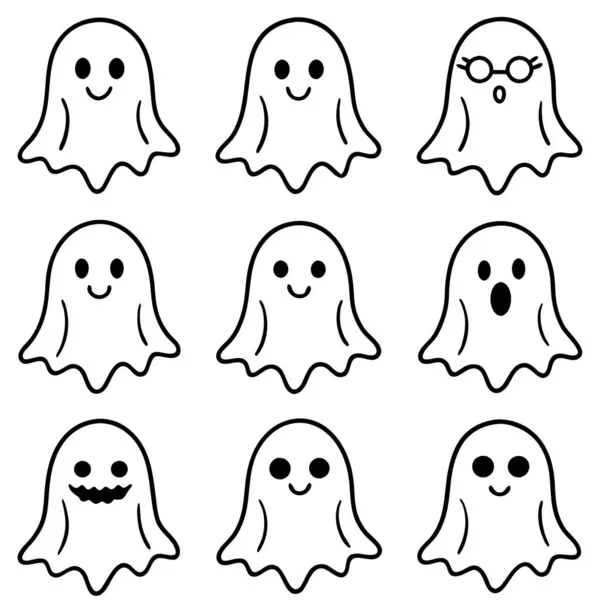 Çeşitli yüz hatları olan çeşitli hayaletler beyaz bir arkaplanda sergileniyor.