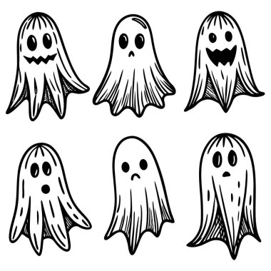 Beyaz bir arkaplanda çeşitli yüz ifadelerini sergileyen el yapımı bir hayalet koleksiyonu. Anahtar sözcükler: Burun, Kafa, Saç Tarzı, Ağız, Yüz İfadesi, Omurga, Beyaz, Organ, İnsan, Gülümse