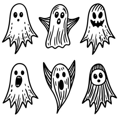 Çeşitli yüz ifadeleri ve özellikleri olan hayaletleri tasvir eden siyah ve beyaz çizimlerden oluşan bir koleksiyon.