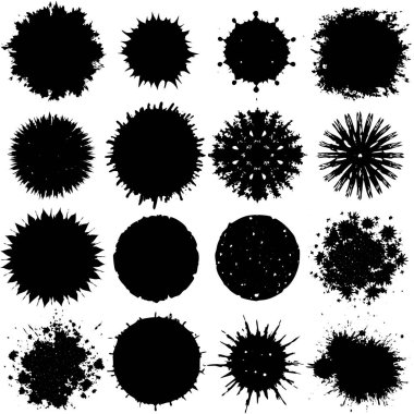 Simetri, desen ve monokrom tasarımının somutlaştırıcı unsurları, sade bir beyaz arkaplan üzerine sergilenen siyah dairelerin bir derlemesi.