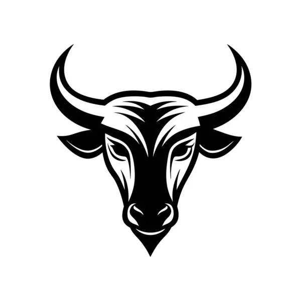 stock vector A black and white silhouette of a bulls head on a white background. This image features horn, font, art, terrestrial animal, snout, sleeve, working animal, logo, illustration, and bovine