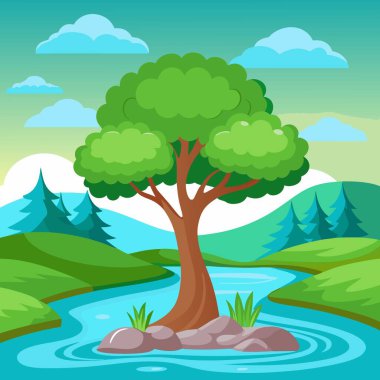 Nehrin göbeğinde, bir ağaç huzur içinde bir kayanın üzerinde duruyor, bu cennet manzarasındaki doğa ve bitki yaşamı arasındaki uyumu gösteriyor.