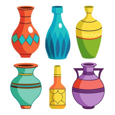 Düz beyaz bir arkaplanda sergilenen canlı vazo ve şişelerden oluşan bir koleksiyon.