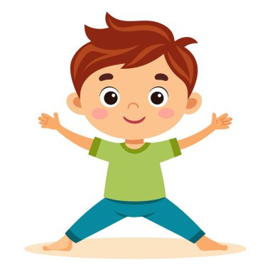 Küçük bir çocuk yoga pozisyonu alıyor, kollarını dışa doğru açıyor. Çocuk yoga yaparken mutlu ve odaklanmış görünüyor.