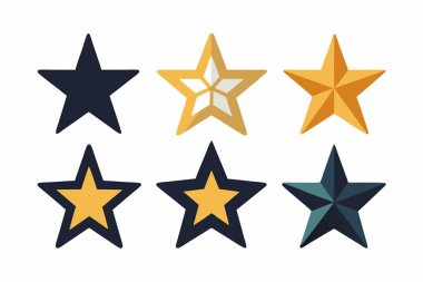 Görüntü, simetri ve desen gösteren beyaz bir arkaplan karşısında farklı renklerde altı yıldız barındırır.