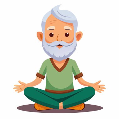 Uzun sakallı yaşlı bir adam çaprazlama oturuyor. Halinden memnun ve huzurlu görünüyor. Bu görüntü neşeli ve huzurlu bir an olarak tanımlanabilir.