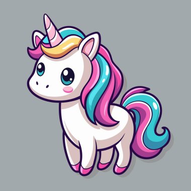 Renkli gökkuşağı yelesi ve kuyruğu olan hoş bir tek boynuzlu at, tarafsız gri bir arka plana karşı konumlandırılmıştır.