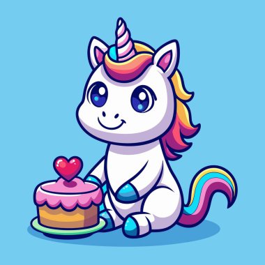 Hoş bir sahnede, büyüleyici bir tek boynuzlu at yürekli bir pastanın yanında oturuyor, varlığıyla neşe ve kapris hissi yayıyor.