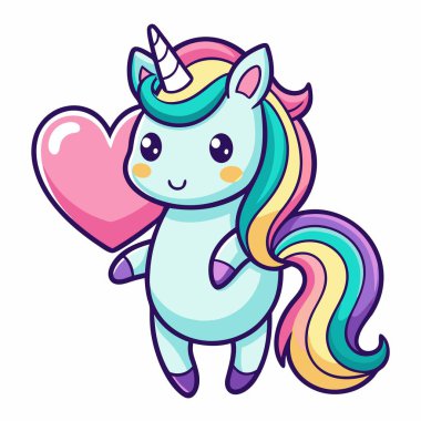 Zevkli bir tek boynuzlu at neşeyle pembe bir kalbi kavrayıp neşe ve mutluluk saçıyor.