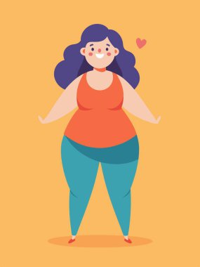 Bir karikatür kafasında kalbi olan, yaratıcı jestleri olan kurgusal bir karakteri tasvir ederken mutluluk ve sanatkarlığı yansıtan büyük beden bir kadın tasvir eder.